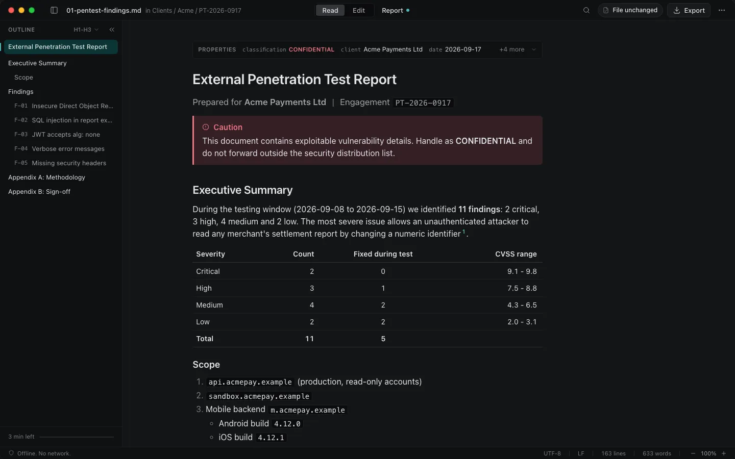 AsItIs in dark mode showing the same report with the outline sidebar