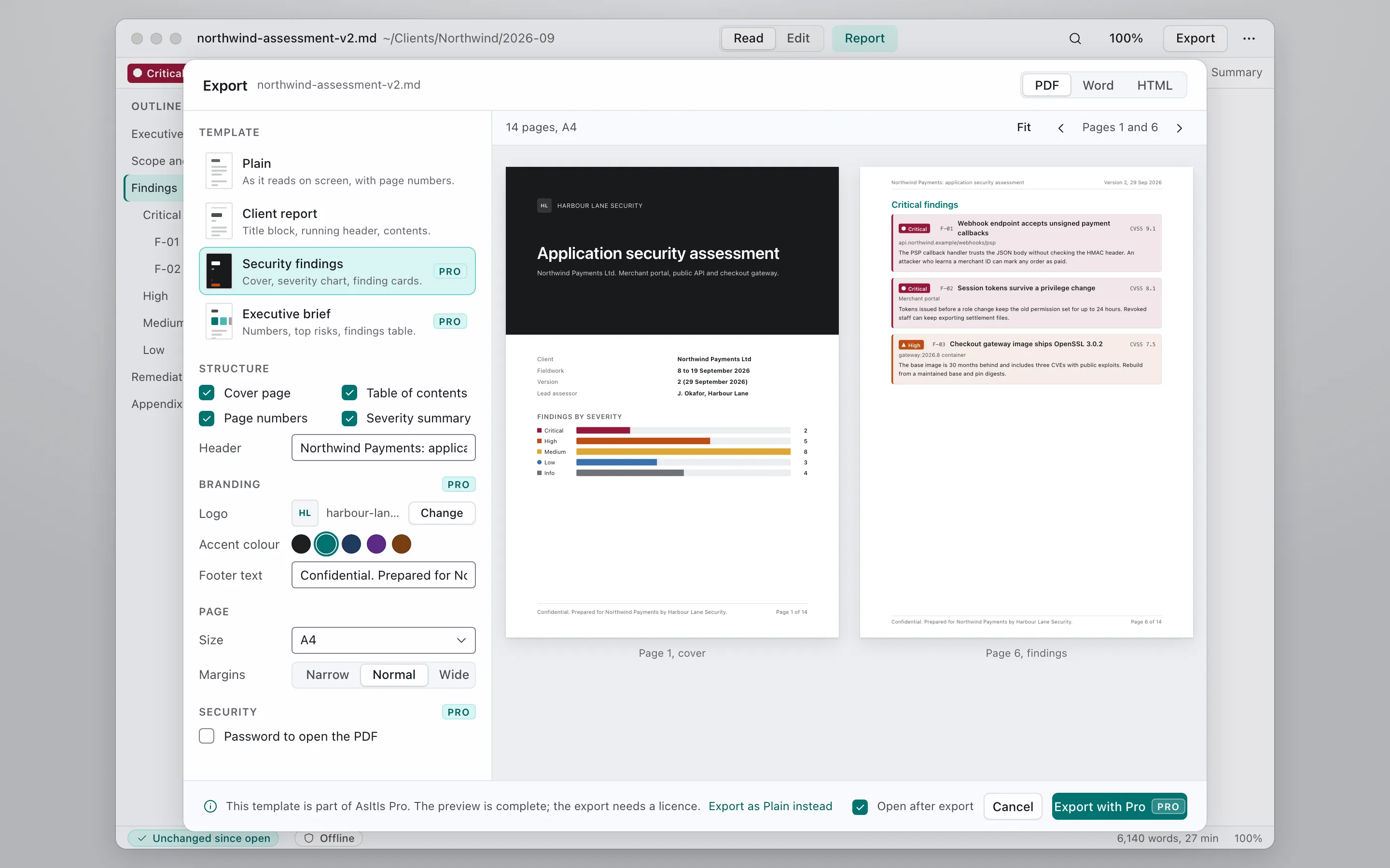 Export dialog with the Security findings template selected and a two-page preview: a dark cover page with a findings-by-severity chart and a page of critical finding cards